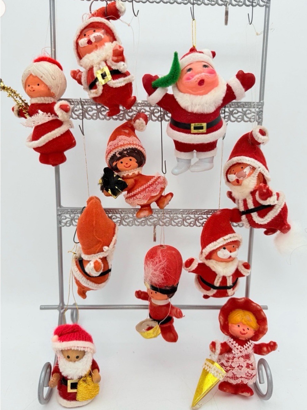 Vintage Red Santa & Holiday Character Ornaments - flocked Christmas tree decor
